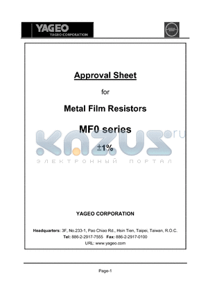 MF0 datasheet - Metal Film Resistors