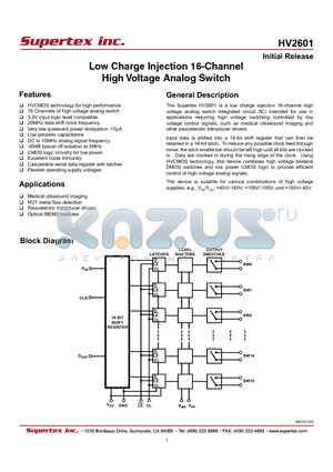 HV2601 datasheet - Low Charge Injection 16-Channel High Voltage Analog Switch