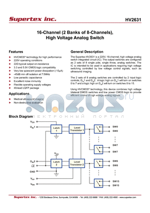 HV2631FG-G datasheet - 16-Channel (2 Banks of 8-Channels), High Voltage Analog Switch