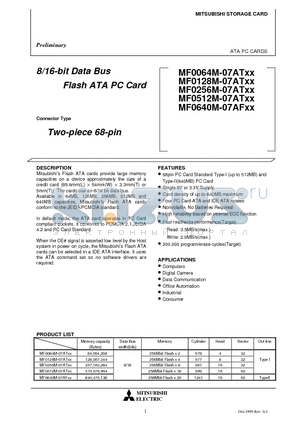 MF0064M-07ATXX datasheet - 8/16-bit Data Bus Flash ATA PC Card