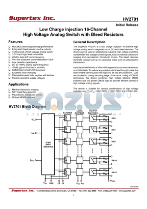 HV2701 datasheet - Low Charge Injection 16-Channel High Voltage Analog Switch with Bleed Resistors