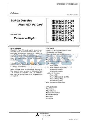 MF0064M-11ATXX datasheet - 8/16-bit Data Bus Flash ATA PC Card