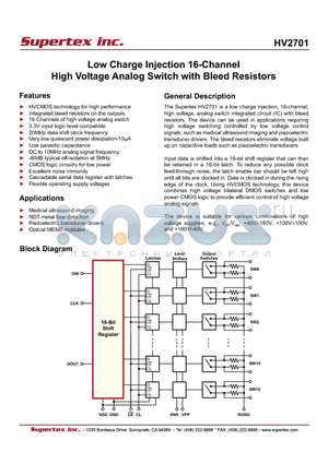 HV2701FG-G datasheet - Low Charge Injection 16-Channel High Voltage Analog Switch with Bleed Resistors