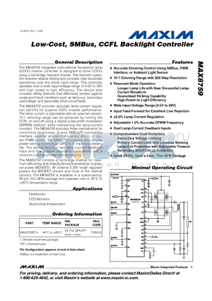 MAX8759 datasheet - Low-Cost, SMBus, CCFL Backlight Controller