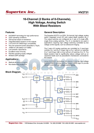 HV2731 datasheet - 16-Channel (2 Banks of 8-Channels), High Voltage, Analog Switch With Bleed Resistors