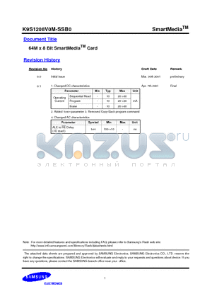 K9S1208V0M-SSB0 datasheet - 64M x 8 Bit SmartMedia Card