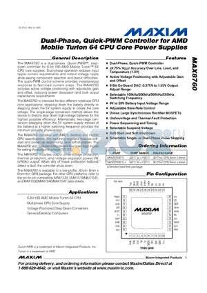 MAX8760ETL+ datasheet - Dual-Phase, Quick-PWM Controller for AMD Mobile Turion 64 CPU Core Power Supplies