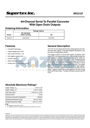 HV3137 datasheet - 64-Channel Serial To Parallel Converter With Open Drain Outputs