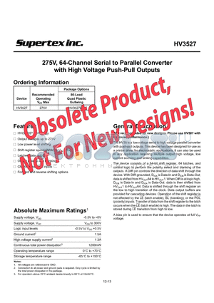 HV3527PG datasheet - 275V, 64-Channel Serial to Parallel Converter with High Voltage Push-Pull Outputs