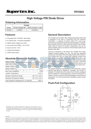 HV3922 datasheet - High Voltage PIN Diode Driver