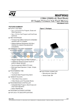 M50FW002K1T datasheet - 2 Mbit 256Kb x8, Boot Block 3V Supply Firmware Hub Flash Memory