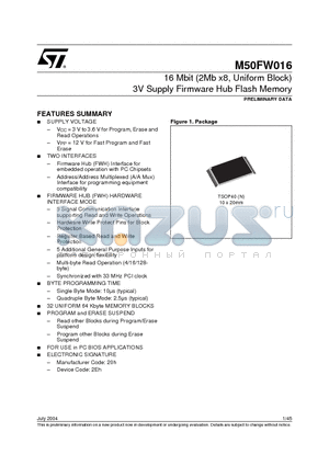 M50FW016 datasheet - 16 Mbit 2Mb x8, Uniform Block 3V Supply Firmware Hub Flash Memory