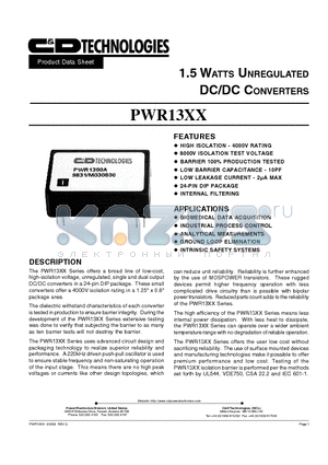 PWR1300 datasheet - 1.5 WATT UNREGULATED DC/DC CONVERTER