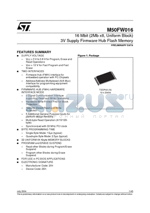 M50FW016N1 datasheet - 16 Mbit 2Mb x8, Uniform Block 3V Supply Firmware Hub Flash Memory