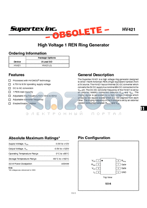 HV421LG datasheet - High Voltage 1 REN Ring Generator