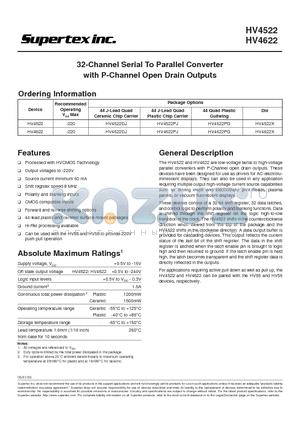 HV4522X datasheet - 32 CHANNEL SERIAL TO PARALLEL CONVERTER WITH P CHANNEL OPEN DRAIN OUTPUTS