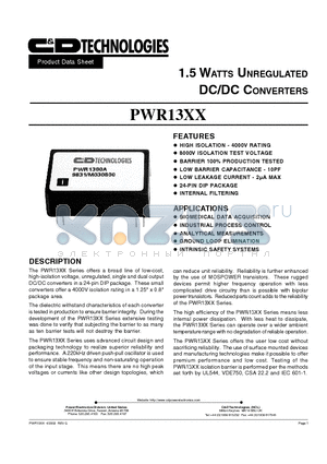 PWR13XX datasheet - 1.5 WATT UNREGULATED DC/DC CONVERTER