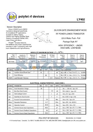 LY402 datasheet - SILICON GATE ENHANCEMENT MODE RF POWER LDMOS TRANSISTOR