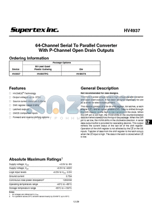 HV4937 datasheet - 64-Channel Serial To Parallel Converter With P-Channel Open Drain Outputs