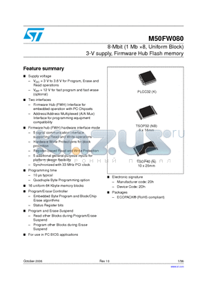M50FW080N5TG datasheet - 8 Mbit 1Mb x8, Uniform Block 3V Supply Firmware Hub Flash Memory
