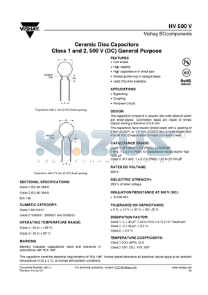 HV500V_08 datasheet - Ceramic Disc Capacitors Class 1 and 2, 500 V (DC) General Purpose