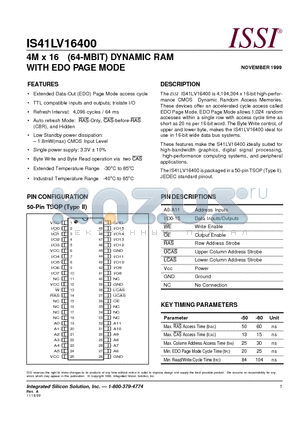 IS41LV16400-60T datasheet - 4Mx16 (64-MBIT) DYNAMIC RAM WITH EDO PAGE MODE