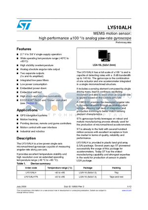 LY510ALH datasheet - MEMS motion sensor: high performance a100 `/s analog yaw-rate gyroscope