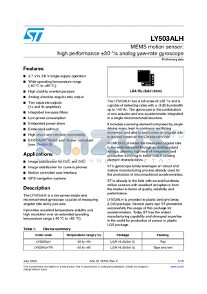 LY503ALHTR datasheet - MEMS motion sensor: high performance a30 `/s analog yaw-rate gyroscope