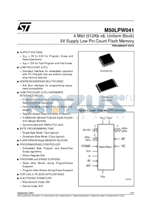 M50LPW041 datasheet - 4 Mbit 512Kb x8, Uniform Block 3V Supply Low Pin Count Flash Memory