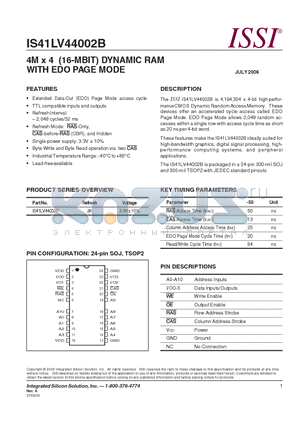 IS41LV44002B-50JL datasheet - 4M x 4 (16-MBIT) DYNAMIC RAM WITH EDO PAGE MODE