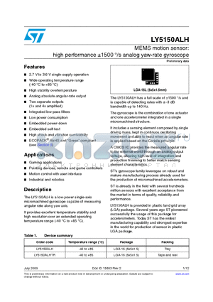 LY5150ALH datasheet - MEMS motion sensor: high performance a1500 `/s analog yaw-rate gyroscope