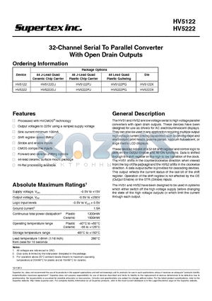 HV5122PG datasheet - 32-Channel Serial To Parallel Converter With Open Drain Outputs