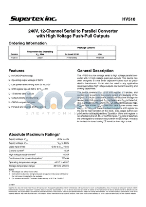 HV510WG datasheet - 240V, 12-Channel Serial to Parallel Converter with High Voltage Push-Pull Outputs