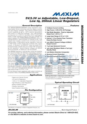MAX882 datasheet - 5V/3.3V or Adjustable, Low-Dropout, Low IQ, 200mA Linear Regulators