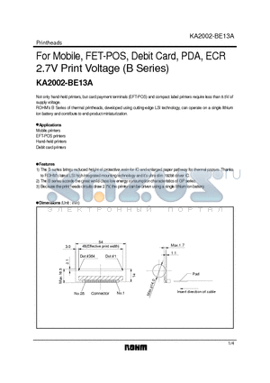 KA2002-BE13A datasheet - For Mobile, FET-POS, Debit Card, PDA, ECR 2.7V Print Voltage (B Series)