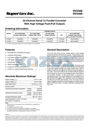 HV5308 datasheet - 32-Channel Serial To Parallel Converter With High Voltage Push-Pull Outputs