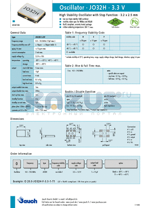 O20.0-JO32H-F-3.3-1 datasheet - High Stability Oscillator with Stop Function