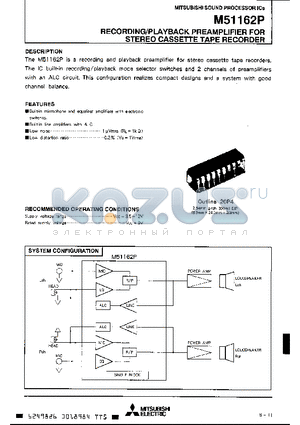 M51162P datasheet - RECORDINGIPLAYBACK PREAMPLIFIER FOR STEREO CASSETTE TAPE RECORDER