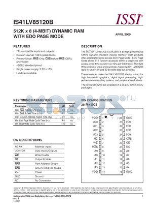 IS41LV85120B-60KL datasheet - 512K x 8 (4-MBIT) DYNAMIC RAM WITH EDO PAGE MODE