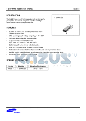 KA2213 datasheet - 1 CHIP TAPE RECORDER SYSTEM