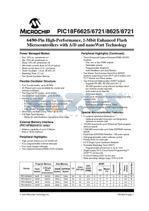 PIC18F6625 datasheet - 64/80-Pin High-Performance, 1-Mbit Enhanced Flash Microcontrollers with A/D and nanoWatt Technology