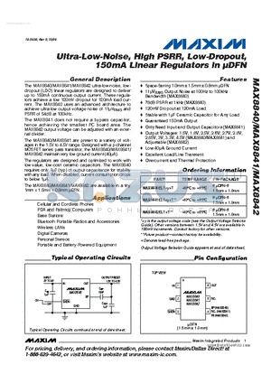 MAX8840ELTXY0T datasheet - Ultra-Low-Noise, High PSRR, Low-Dropout, 150mA Linear Regulators in UDFN