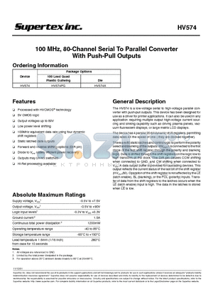 HV574PG datasheet - 100 MHz, 80-Channel Serial To Parallel Converter With Push-Pull Outputs