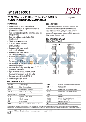 IS42S16100C1 datasheet - 512K Words x 16 Bits x 2 Banks (16-MBIT) SYNCHRONOUS DYNAMIC RAM