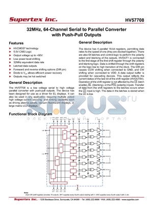 HV57708PG-G datasheet - 32MHz, 64-Channel Serial to Parallel Converter with Push-Pull Outputs