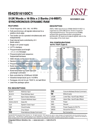 IS42S16100C1-7TL datasheet - 512K Words x 16 Bits x 2 Banks (16-MBIT) SYNCHRONOUS DYNAMIC RAM