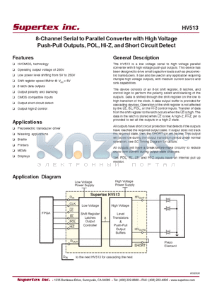 HV513WG datasheet - 8-Channel Serial to Parallel Converter with High Voltage Push-Pull Outputs, POL, Hi-Z, and Short Circuit Detect