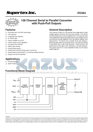 HV583X datasheet - 128 Channel Serial to Parallel Converter with Push-Pull Outputs