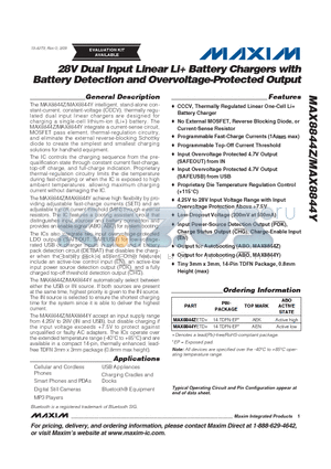 MAX8844YETD+ datasheet - 28V Dual Input Linear Li Battery Chargers with Battery Detection and Overvoltage-Protected Output