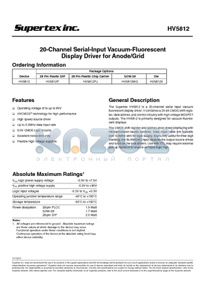 HV5812X datasheet - 20-Channel Serial-Input Vacuum-Fluorescent Display Driver for Anode/Grid